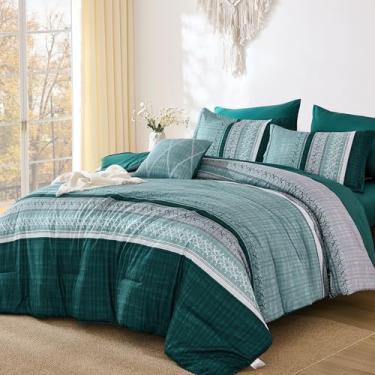 Imagem de Dintszyayue Jogo de cama king azul-petróleo, 7 peças, textura listrada, leve, macio, conjunto de lençol e edredom de microfibra para todas as estações para meninos e mulheres