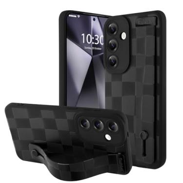 Imagem de OOK Capa de telefone de silicone compatível com Samsung Galaxy S24 Plus com alça, padrão quadriculado moderno para mulheres e meninas, alça de dedo ajustável, capa protetora fina, preta quadriculada