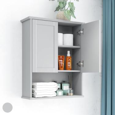 Imagem de VIMYFAMY Dobradiça amortecedora de parede para armário de banheiro, 58 cm x 73 cm, armário de armazenamento sobre vaso sanitário e prateleiras ajustáveis, armário de remédios de madeira de grande