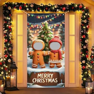 Imagem de HOMETITUTE Pano de fundo para porta de fotos de Natal para casais, pão de gengibre, 89 x 180 cm, decoração de festa, faixa de Feliz Natal, suprimentos para fotografia