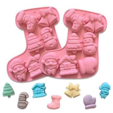 Imagem de 2 peças de moldes de silicone de Natal para chocolate, luvas de silicone 3D em forma de meia fofa, sinos, design de Papai Noel, moldes de doces para 14 cavidades com tema de Natal, inverno, pudim de