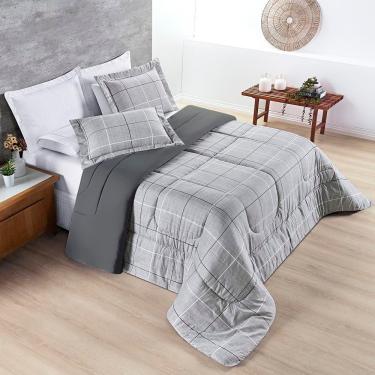 Imagem de Kit Edredom Cobertor Celi Super King Dupla Face Micropercal Estampado 200 Fios 3 Peças Xadrez Grid Cinza