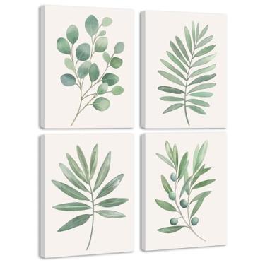 Imagem de KUVIOKE Arte de parede de banheiro emoldurada botânica plantas boho decoração de parede verde sálvia folhas de eucalipto impressões minimalistas estética pronto para pendurar conjunto de 4, 20 x 25 cm