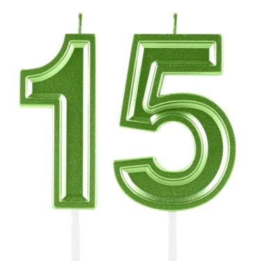 Imagem de Velas de aniversário de 15 anos, numerais verdes, 15 topper de bolo, decoração para meninas, meninos, tema de aniversário, festa de casamento, artigos de celebração