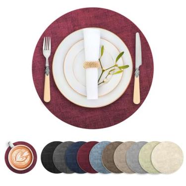 Imagem de Jogo americano redondo de couro sintético, conjunto de 6, tapetes de mesa reversíveis resistentes ao calor, antiderrapantes, tapetes impermeáveis e limpáveis para mesa de jantar, laváveis para