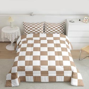 Imagem de Feelyou Conjunto de cama quadriculado para meninos e meninas, xadrez, marrom, tamanho solteiro, vintage, quadriculado, geométrico, edredom reversível, cinza, 2 peças com 1 fronha