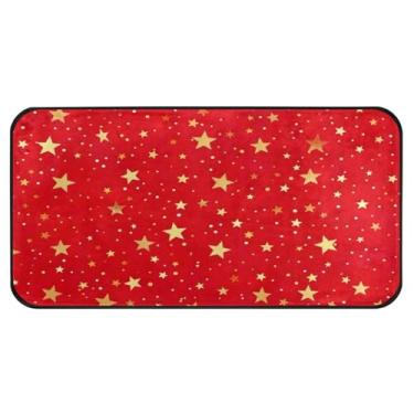 Imagem de Qilmy Tapetes de cozinha com estrelas douradas com fundo vermelho 99 × 50 cm, tapetes acolchoados antiderrapantes laváveis de poliéster antifadiga conforto tapete de varanda capacho decoração de casa