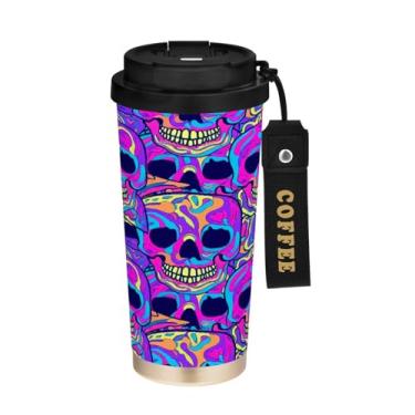 Imagem de STAYTOP Caneca de café de viagem com isolamento de caveira legal de 500 ml, copo de café reutilizável de aço inoxidável com tampa flip à prova de vazamento à prova de vazamento para escritório, escola