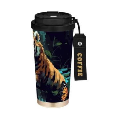 Imagem de YETTASBIN Caneca de café de viagem com isolamento térmico Cute Tiger de 500 ml com tampa canudo, copo à prova de derramamento e vazamento com alça para bebida quente e fria, garrafa de água de aço