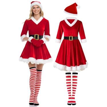 Imagem de Conjunto de fantasia de Natal com 4 peças, vestidos de veludo, vestidos de festa, vestidos de Natal, chapéu de Natal, luvas para cosplay, Vermelho, Small