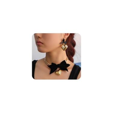Imagem de Navirix Conjunto de joias de coração com laço de ouro para mulheres, corrente cubana de tecido laço amor encantador gargantilha colar preto gravata borboleta inchada coração pingente brincos, Large