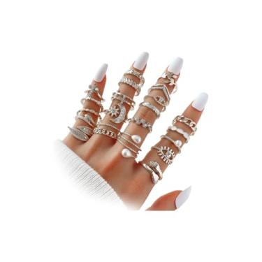 Imagem de 23 peças de anéis de dedo em camadas em camadas de ouro para mulheres, anéis de dedo de corrente de olhos turcos de cristal lua abraço, joias vintage grossas, tamanho de anel misto, Liga de aço, Sem