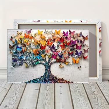 Imagem de Arte de parede em tela emoldurada de borboleta arco-íris pronta para pendurar impressões para decoração de casa, ideia de presente para sala de estar e quarto, escritório, festa de festival