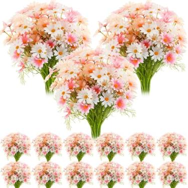 Imagem de Giegxin 100 peças de margaridas artificiais, flores silvestres falsas, resistentes a UV, ao ar livre, plantas para arranjos florais, casamento, casa, decoração de jardim interno (branco, rosa