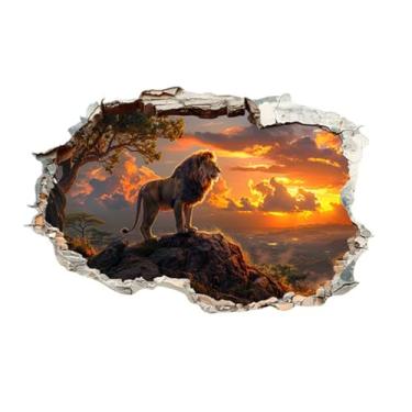 Imagem de MaiKeAYang Decalques de parede 3D, murais, decorações de parede de vinil removíveis, leão do pôr do sol para sala de estar, quartos de bebê, quarto, banheiro, casa, parede, decoração DIY