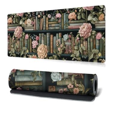 Imagem de Floral Books Gaming Mouse Pad Reading Mouse Pad 31,5 x 11,8 polegadas Flor Estante Tapete de mesa Base de borracha antiderrapante Grande Mousepad Bordas costuradas Teclado Mouse Mat Tapete de mesa