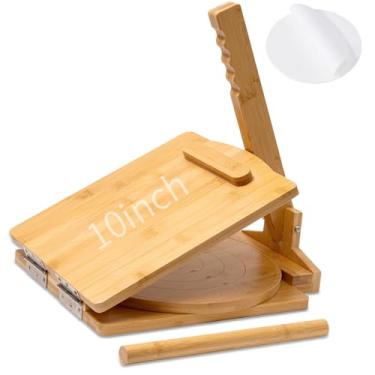 Imagem de Prensa de tortilha de madeira, Prensa para tortilhas rotativas de 25 cm, prensa de tortilha de bambu com rolo de massa e 50 peças de papel pergaminho para tortilha caseira, roti, chapati, taco