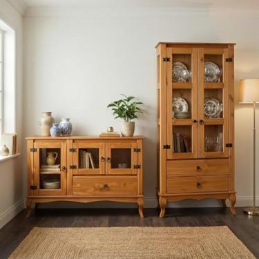 Imagem de Conjunto Cristaleira e Balcão em Madeira Maciça Rústica Mél