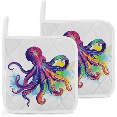 Imagem de Porta-panelas coloridas de polvo para cozinha, pacote com 2 suportes de panela resistentes com bolsos de mão e laços para pendurar para assar e cozinhar (pacote com 2)