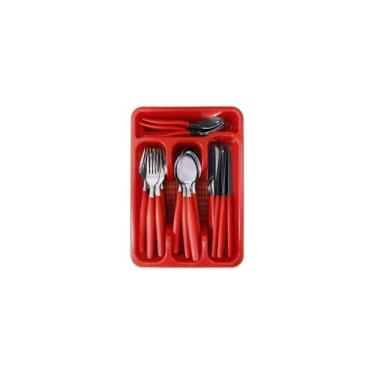 Imagem de Jogo de Talheres 25 Peças, Aço Inox com Cabo Vermelho, Conjunto com 6 Facas, 6 Garfos, 6 Colheres de Mesa, 6 Colheres de Sobremesa, Bandeja Organizadora