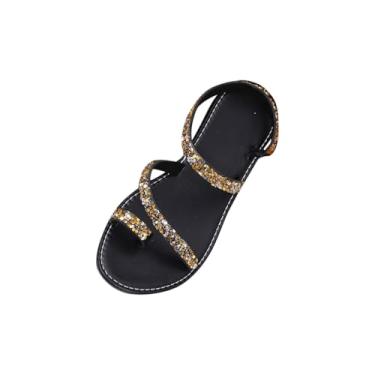 Imagem de Sandália feminina de bico redondo com strass e strass casual praia primavera verão versátil UE 36-43 Reino Unido 3,5-7 EUA 5,5-9 comprimento do pé 23-26,5 cm, Amarelo, 36