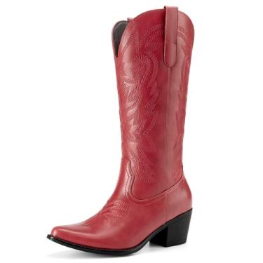 Imagem de Athlefit Botas femininas caubói, salto grosso, bico fino, bordado, ocidental, cano médio, Vermelho, 36