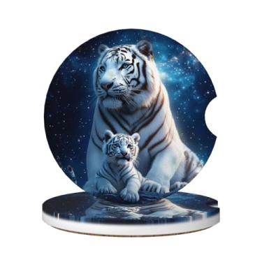 Imagem de Buyidec Porta-copos absorventes de tigre branco céu noturno 2 suportes de copo, pedra cerâmica de 6,5 cm e base de cortiça que não arranha porta-copos de bebida bonitos acessórios de carro para