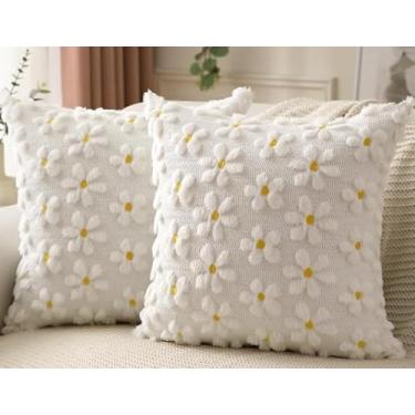 Imagem de JXZYGMD Capas de almofada primavera verão 50,8 x 50,8 cm conjunto de 2 almofadas brancas margaridas ao ar livre de pelúcia macia para sofá, férias, primavera, verão, decoração de casa