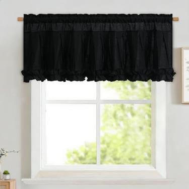 Imagem de Likiyol Sanefas de linho para janelas sanefas de janela de casa de fazenda com babados, cortinas rústicas com filtro de luz rústica, para banheiro, café, preto, 132 cm L x 45 cm C