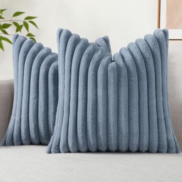 Imagem de decorUhome Conjunto de 2 capas de almofada de pele sintética 50 x 50 cm, capas decorativas macias de pelúcia neutra para sofá, cama, sala de estar, decoração de casa, cinza e azul