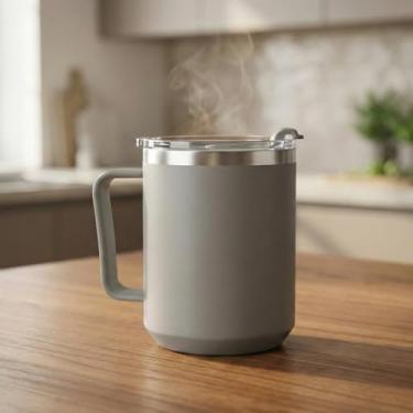 Imagem de Caneca Térmica Café 450ml Cinza com Tampa e Alça | Copo Térmico Inox 304 Parede Dupla p/Bebidas Quentes e Frias | Mug Reutilizável Isolada Térmica Anti-Respingo