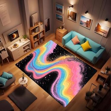 Imagem de Tapete abstrato trippy arco-íris macio fino estético ondulado listras redemoinho colorido, retrô geométrico cool tapete lavável para cozinha, entrada, quarto, dormitório, 6 x 7 cm