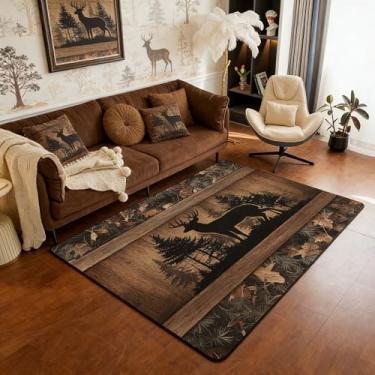 Imagem de Erosebridal Tapete de área de veado de fazenda, 12 x 18 cm, para sala de estar, camuflado, bosque, tapete de caça, para quarto, tapete rústico, antiderrapante, estampa de animais selvagens, decoração