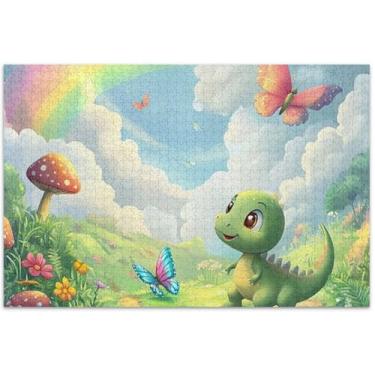 Imagem de Quebra-cabeça floral de primavera arco-íris de dinossauro fofo para adultos 1000 peças natureza pintura animal arte personalizada quebra-cabeça de elefante branco presentes de festa, 75 x 40 cm