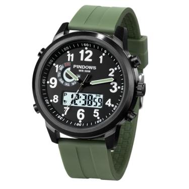 Imagem de PINDOWS Relógios masculinos à prova d'água, esportivos, multifuncionais, resistentes ao ar livre, cronômetro de alarme, L644N4: verde/preto, Relógio moderno clássico