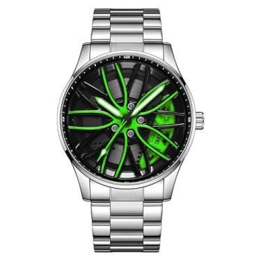 Imagem de Relógio de pulso masculino criativo 3D giratório com roda de carro, design de cubo de aro, moderno, quartzo, elegante, com pulseira de aço inoxidável, presentes para entusiastas de carros, X Verde