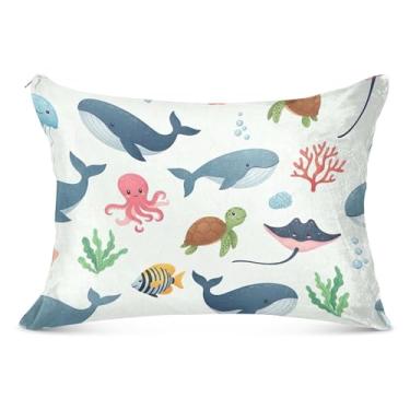 Imagem de Linda capa de travesseiro de flanela grande com animais marinhos e baleias decorativas longas para travesseiro padrão Queen King capa de travesseiro de corpo fofo macia, tamanho corporal, 53 cm x 137