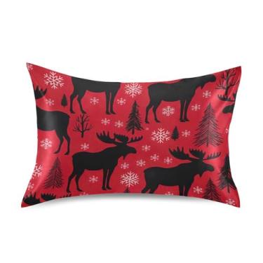 Imagem de Fronhas de cetim engraçadas refrescantes animal padrão king queen fronha confortável roupa de cama macia tamanho queen 76.2 cm x 50.8 cm alce flocos de neve vermelho pinho