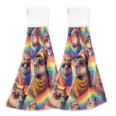 Imagem de Toalhas de mão de outono capivara do mês do orgulho LGBT com laços para pendurar toalhas de forno macias absorventes conjunto de 2, toalhas de cozinha decorativas personalizadas 45 x 35 cm