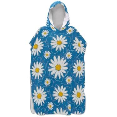 Imagem de Joisal Poncho de surfe para trocador de roupas de banho de praia com capuz absorventes brancas margaridas flores azuis unissex poncho adulto com capuz