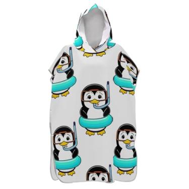 Imagem de Roupão para adultos poncho de surfe com capuz toalha de natação bonito leve pinguins branco desenho animado masculino feminino poncho com capuz