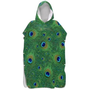 Imagem de Joisal Poncho de surfe plus size trocador de roupão adulto com capuz toalha de natação bonito penas de pavão verde ponchos femininos com capuz