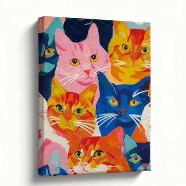 Imagem de Arte em tela de rosto de gato, 20 x 25 cm, retratos de gato em close-up brilhante, decoração pop art moderna para quarto, sala de estar, banheiro, escritório, pronto para pendurar
