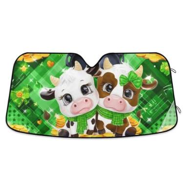 Imagem de Toldo de sol verde de vacas de desenho animado personalizado para para-brisa de carro universal dobrável caminhão persianas de carro para janelas dianteiras automotivo M, 139,7 cm x 70,1 cm
