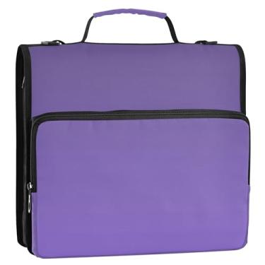 Imagem de 3 fichários para fichários de 3,8 cm, anel D violeta roxo gradiente com zíper, bolsa organizadora de fichários escolares com alça de ombro floral, suporte para 500 folhas