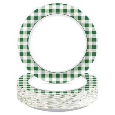 Imagem de Greencian 50 peças de suprimentos para festa do dia de São Patrício 25,4 cm grandes pratos de papel guingão verde e branco descartáveis decorações xadrez verde para festa de aniversário irlandês
