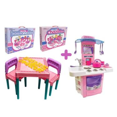 Imagem de Kit Brinquedo Cozinha Rosa Mesinha + Jantarzinho e Chazinho - Big Star