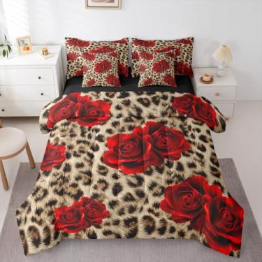 Imagem de Erosebridal Jogo de edredom King com estampa de leopardo, cama de 7 peças em uma bolsa, lençol de chita marrom e fronhas, safári, animais selvagens, decoração de quarto