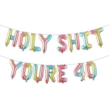 Imagem de Holy Shit You're 40 Balloon Banner, multicolorido, brilhante, engraçado, adulto, feliz aniversário de 40 anos, suprimentos de decoração (HOLY SHIT YOURE 40 Rainbow)