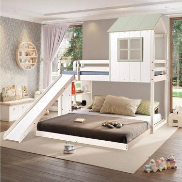 Imagem de Beliche Queen Montessoriano Cabana Family com Escorregador e Estante Casatema MadeiraOriginals Branco/Verde